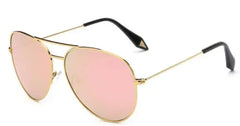 Gold frame aviator sunglasses with mirrored lens detail showing reflective coating and metal construction close up