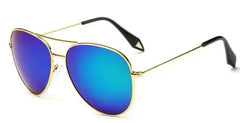 Gold frame aviator sunglasses with mirrored lens showing detailed material construction and finish