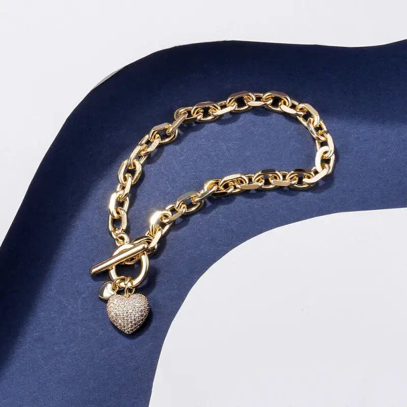 Gold Heart Charm Link Chain Bracelet