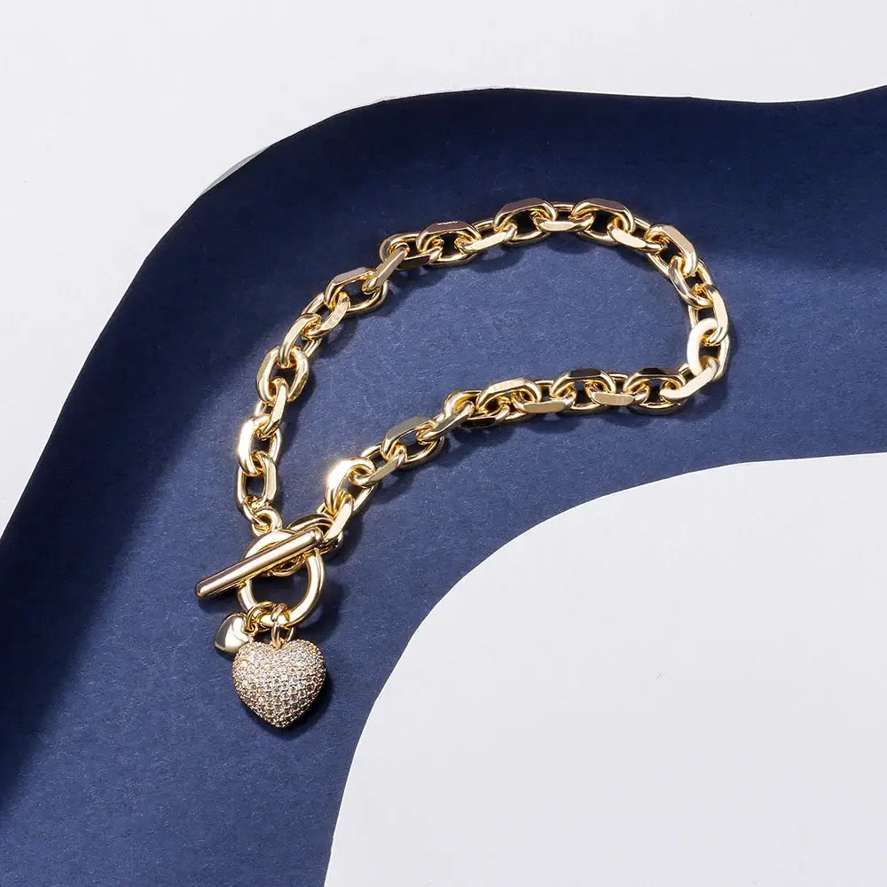 Gold Heart Charm Link Chain Bracelet