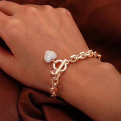 Gold Heart Charm Link Chain Bracelet