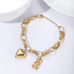 Gold Heart Charm Link Chain Bracelet Bear