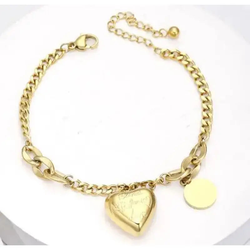 Gold Heart Charm Link Chain Bracelet Circle