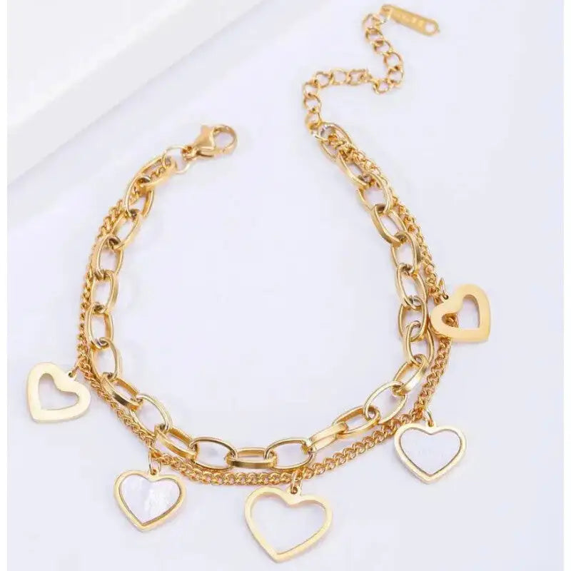 Gold Heart Charm Link Chain Bracelet Gold.