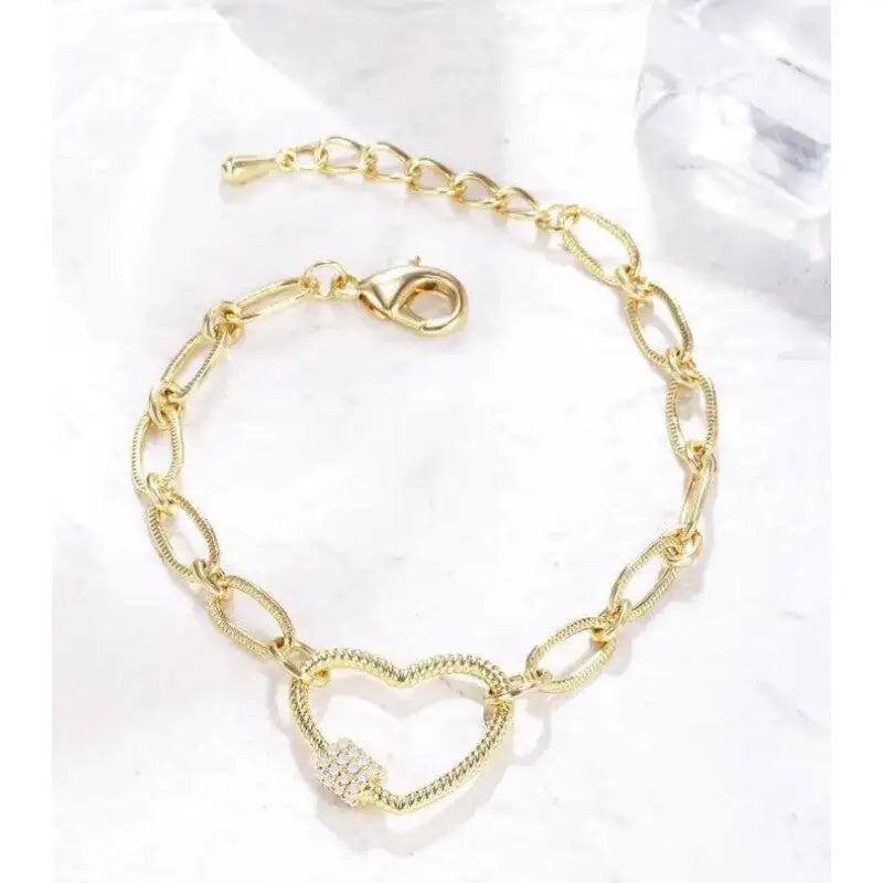 Gold Heart Charm Link Chain Bracelet Hollow