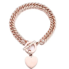 Gold Heart Charm Link Chain Bracelet Pink.