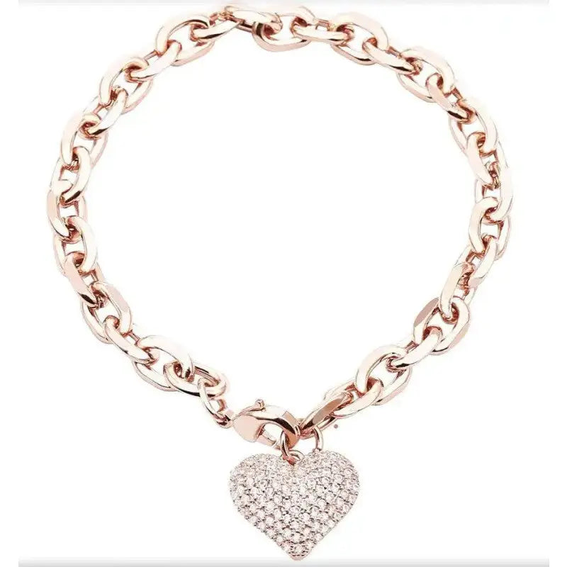Gold Heart Charm Link Chain Bracelet Pink