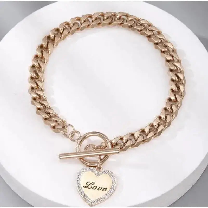 Gold Heart Charm Link Chain Bracelet Pink Love