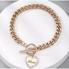 Gold Heart Charm Link Chain Bracelet Pink Love