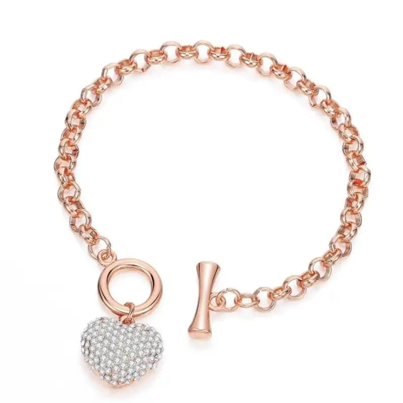 Gold Heart Charm Link Chain Bracelet Pink Shiny