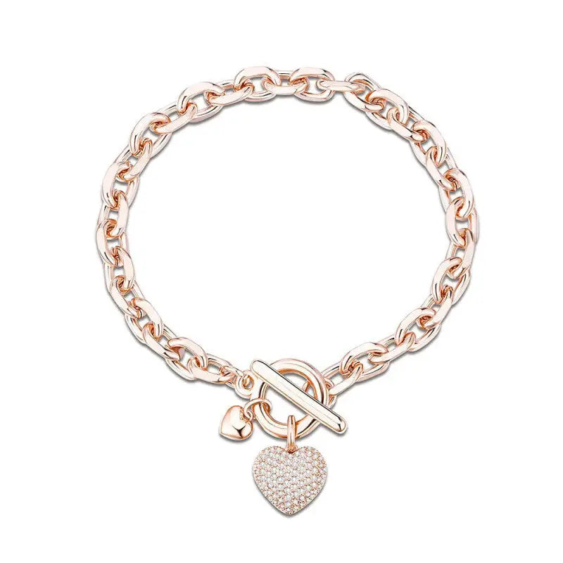 Gold Heart Charm Link Chain Bracelet Pink Shiny