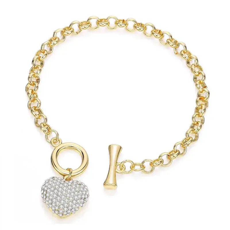 Gold Heart Charm Link Chain Bracelet Shiny