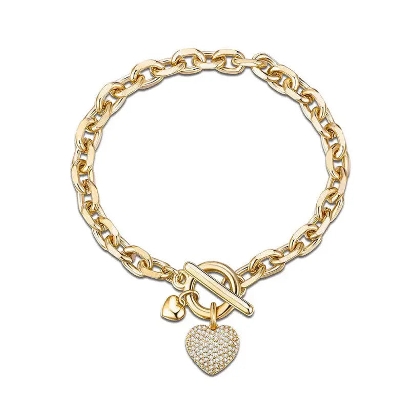 Gold Heart Charm Link Chain Bracelet Shiny