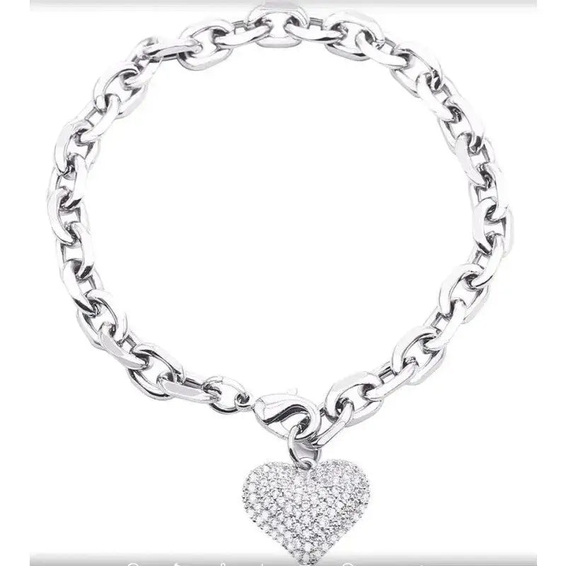 Gold Heart Charm Link Chain Bracelet Silver