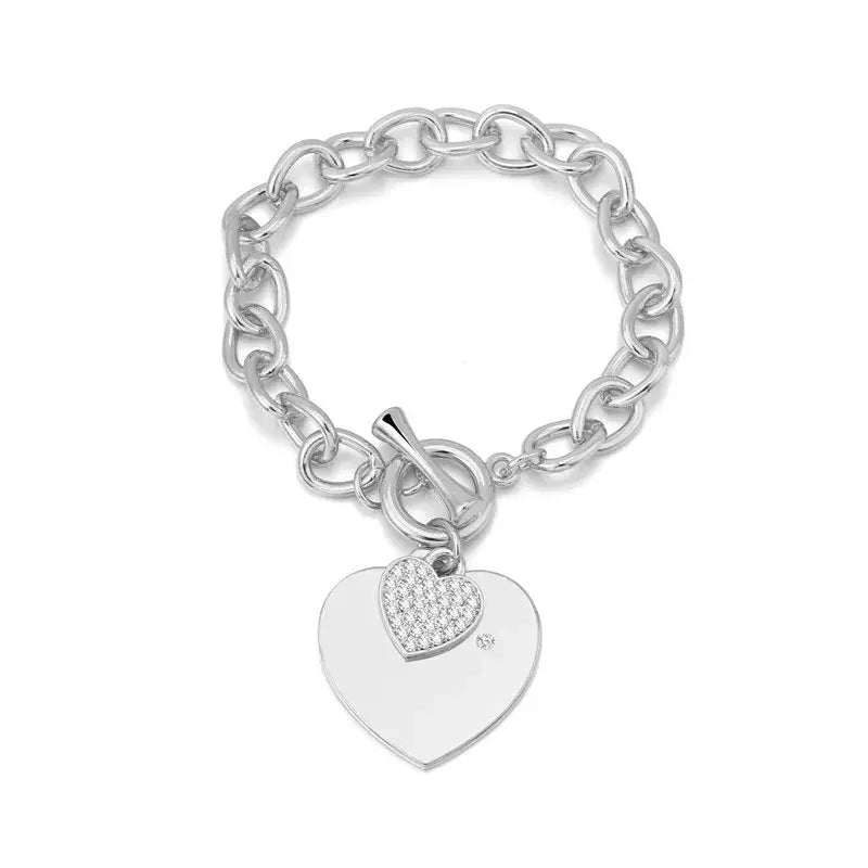 Gold Heart Charm Link Chain Bracelet Silver Smooth