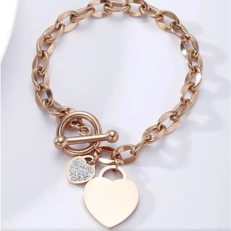 Gold Heart Charm Link Chain Bracelet Silver Two Hearts