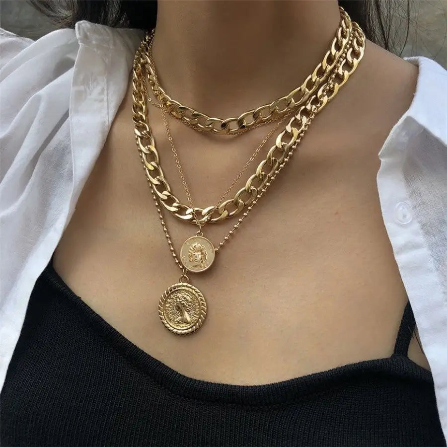 Gold Medal Pendant Coin Thin Chain Necklace 6