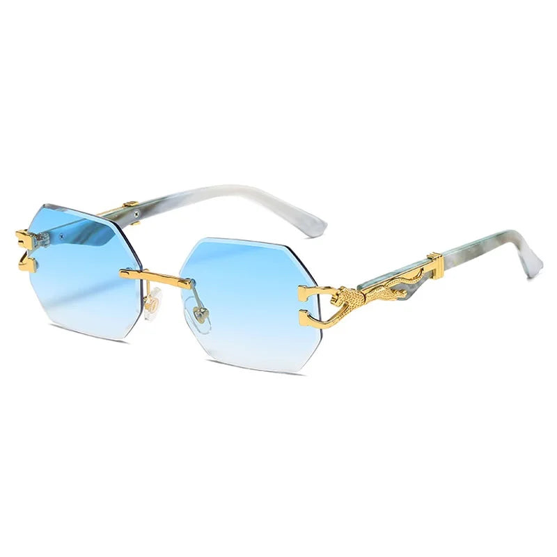 Gold metal hexagon rimless sunglasses with blue gradient lens and decorative temple detail closeup
