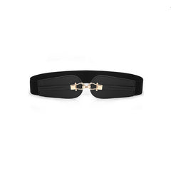 Golden Brooch Corset Elastic Waist PU Leather Belt - Black 2