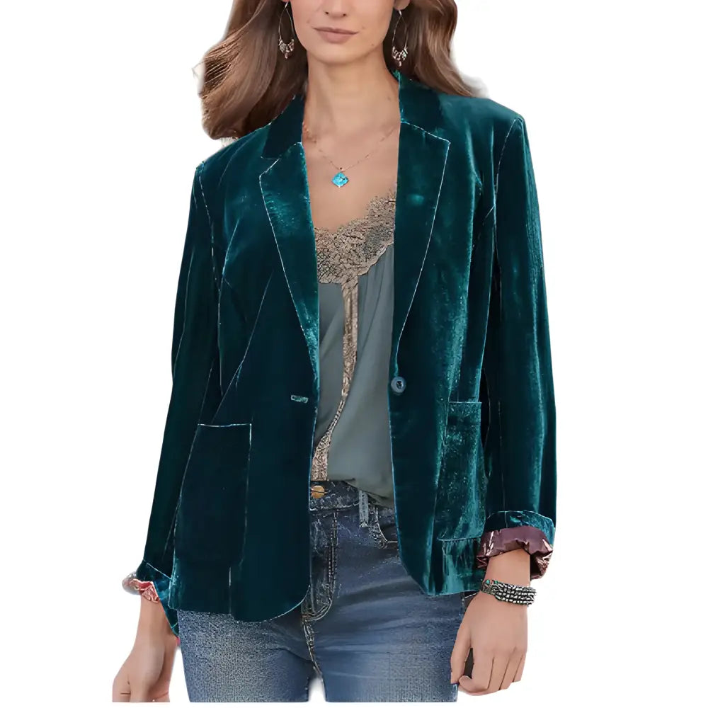 Golden Velvet Loose Elegant Blazer for Women Green / S