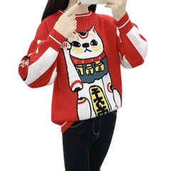 Good Lucky Cat Loose Knitted Sweater for Lovers One Size