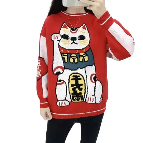 Good Lucky Cat Loose Knitted Sweater