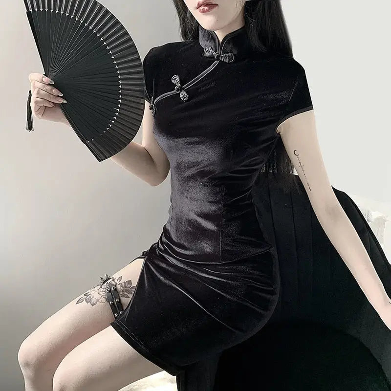Goth Dark Chinese Style Mini Dress for Women black / S