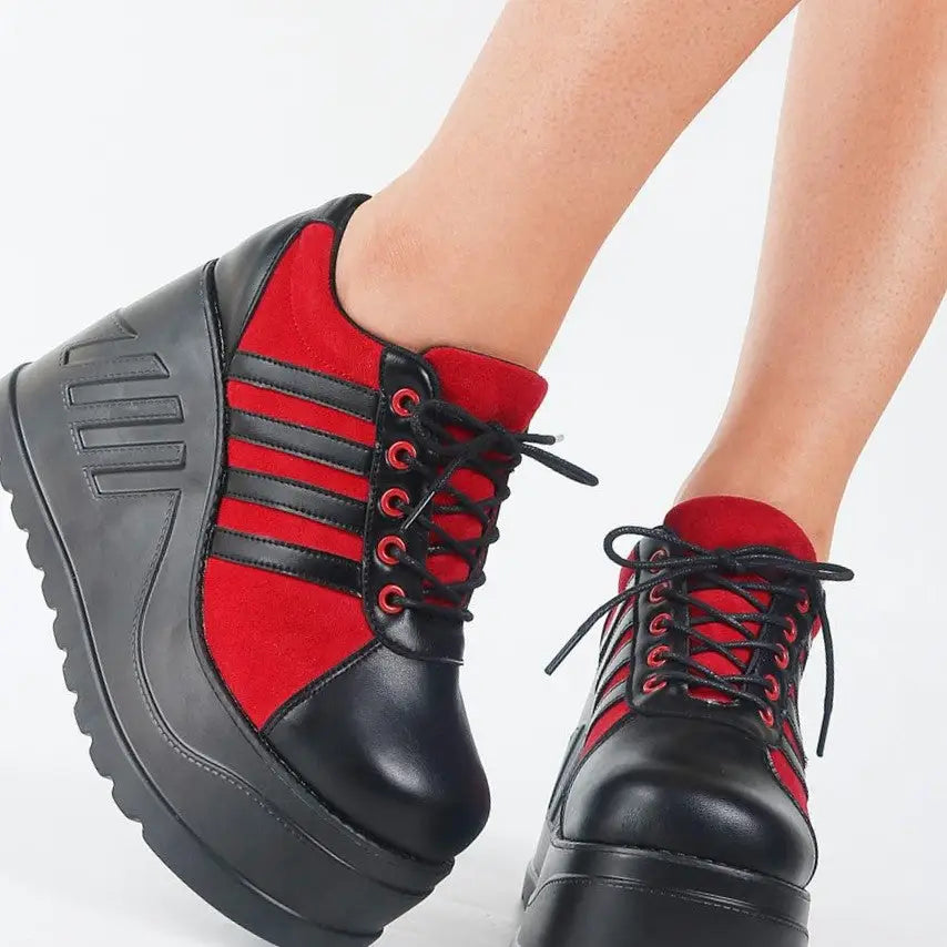 Goth Platform Fashion High Heels Sneaker - red matte / 5