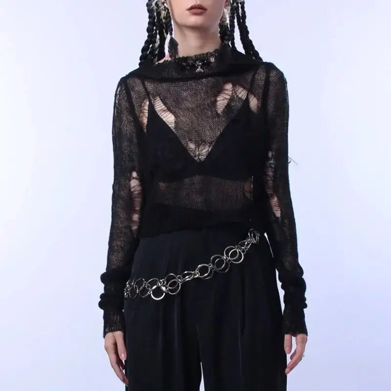 Goth Punk Ripped Long Sleeve Pullover