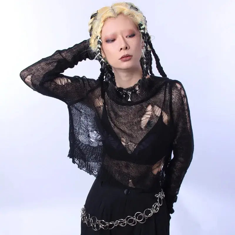 Goth Punk Ripped Long Sleeve Short Pullover Sweater