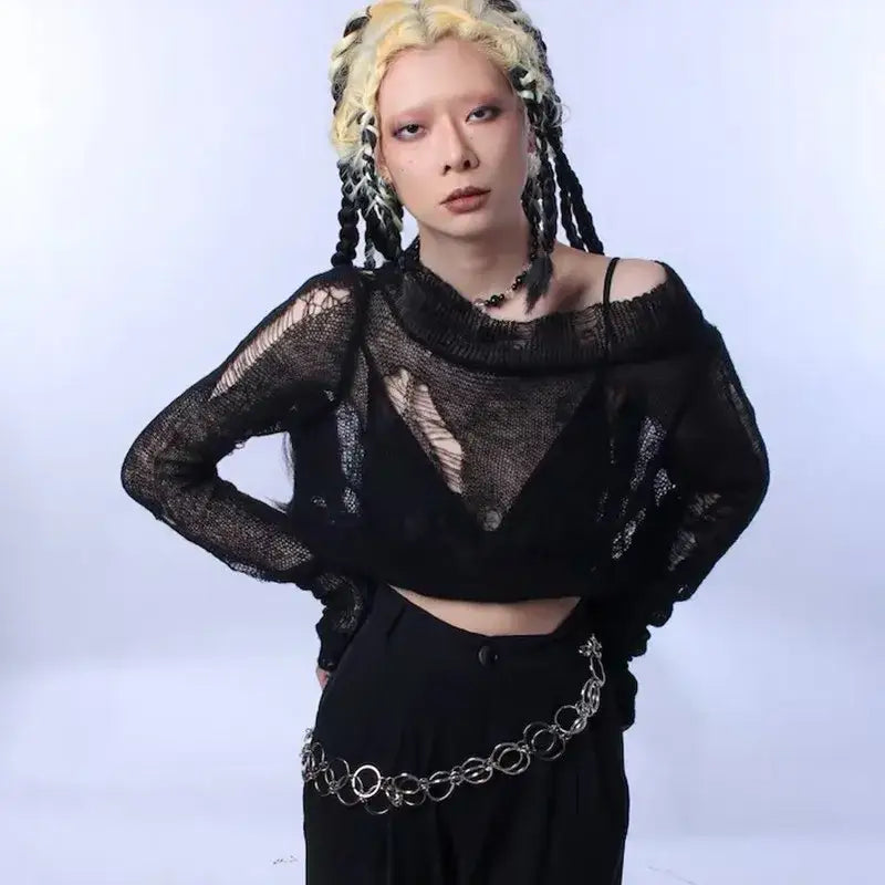 Goth Punk Ripped Long Sleeve Short Pullover Sweater