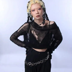 Goth Punk Ripped Long Sleeve Short Pullover Sweater