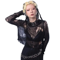 Goth Punk Ripped Long Sleeve Short Pullover Sweater Black