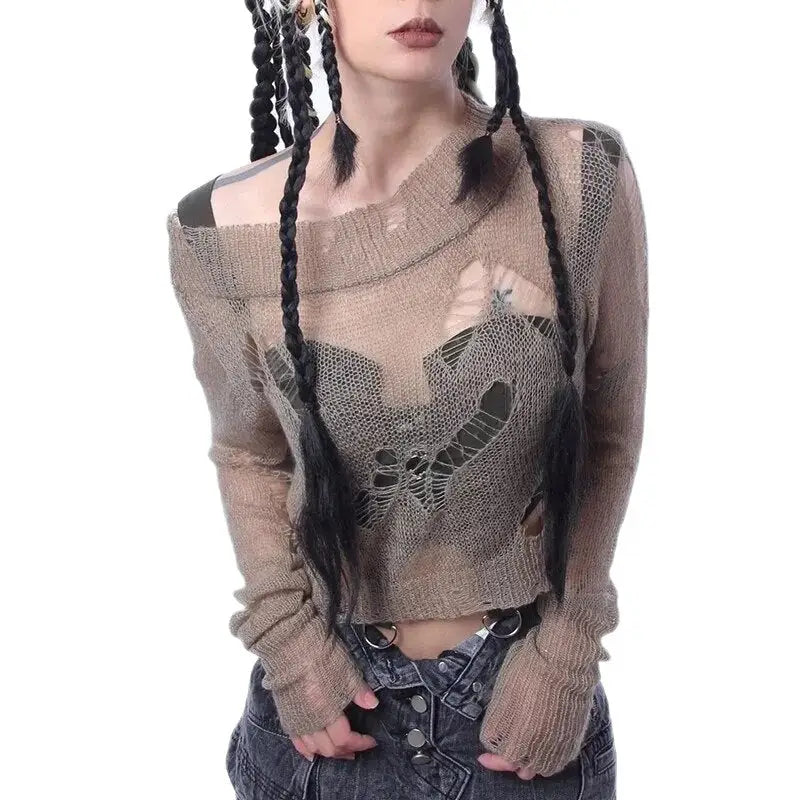 Goth Punk Ripped Long Sleeve Short Pullover Sweater Brown