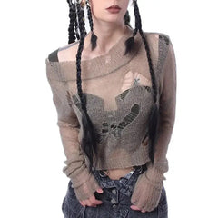 Goth Punk Ripped Long Sleeve Short Pullover Sweater Brown
