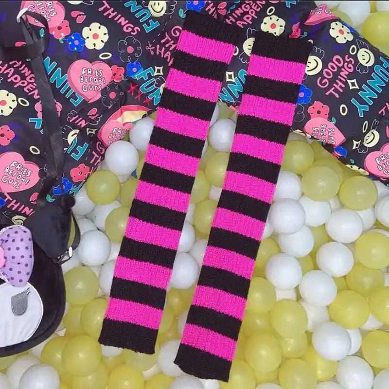 Goth Striped Leg Warmers Knee Length Socks Fuchsia Black
