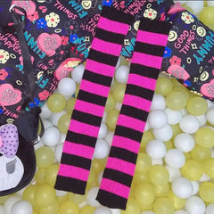 Goth Striped Leg Warmers Knee Length Socks Fuchsia Black