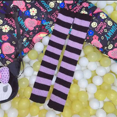 Goth Striped Leg Warmers Knee Length Socks Purple Black