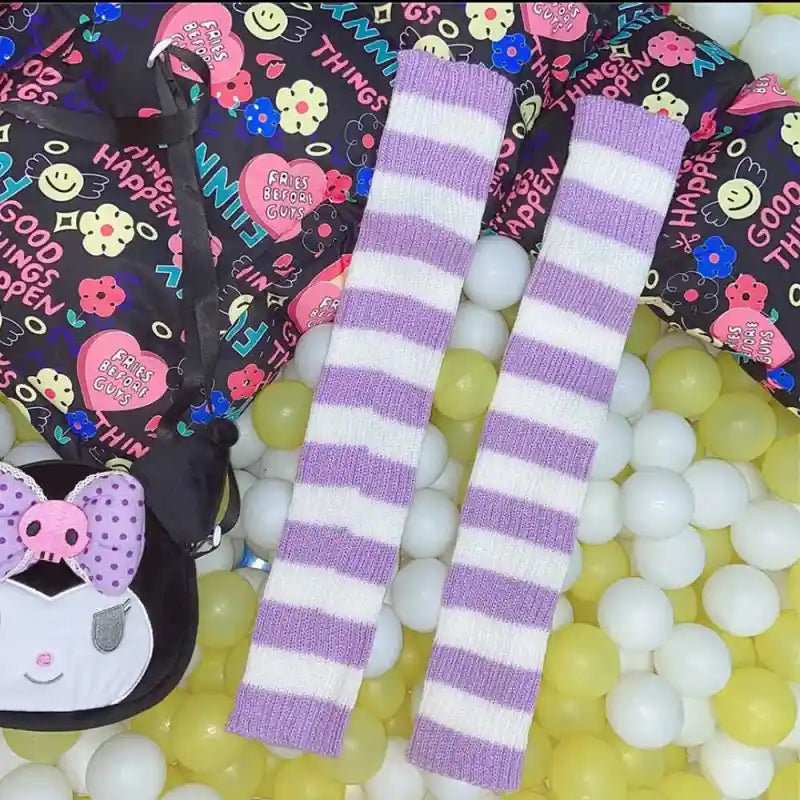 Goth Striped Leg Warmers Knee Length Socks White Purple