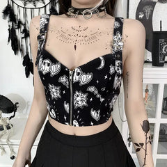 Gothic Bat Moon Zipper Unique White Crop Top