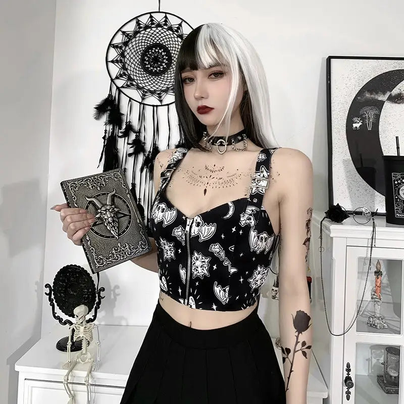 Gothic Bat Moon Zipper Unique White Crop Top