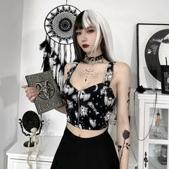 Gothic Bat Moon Zipper Unique White Crop Top
