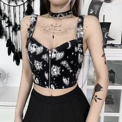 Gothic Bat Moon Zipper Unique White Crop Top Black / S