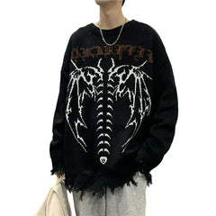 Gothic Bat Skeleton Knitted Sweater for Men and Women Black
