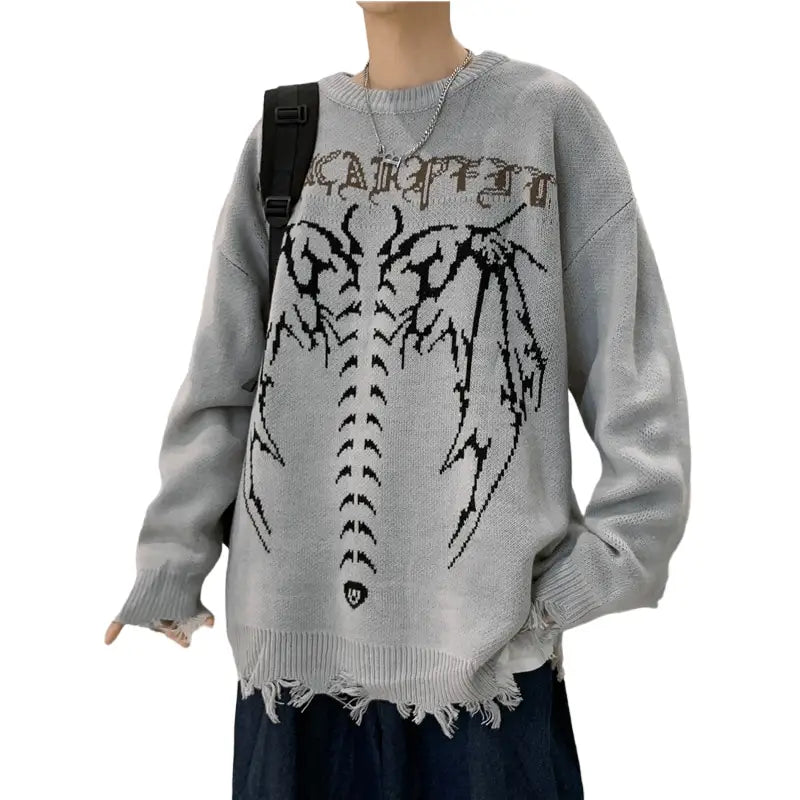 Gothic Bat Skeleton Knitted Sweater for Men and Women Gray