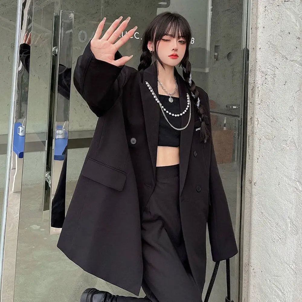 Gothic Black Baggy Blazer with Pockets Embellished