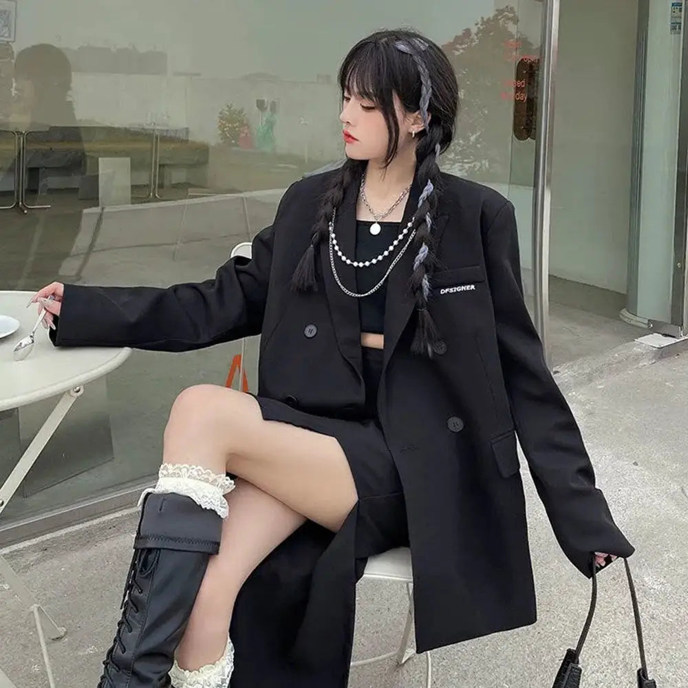 Gothic Black Baggy Blazer with Pockets Embellished