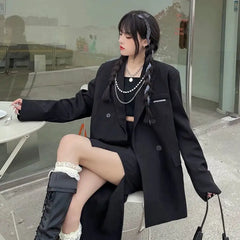 Gothic Black Baggy Blazer with Pockets Embellished