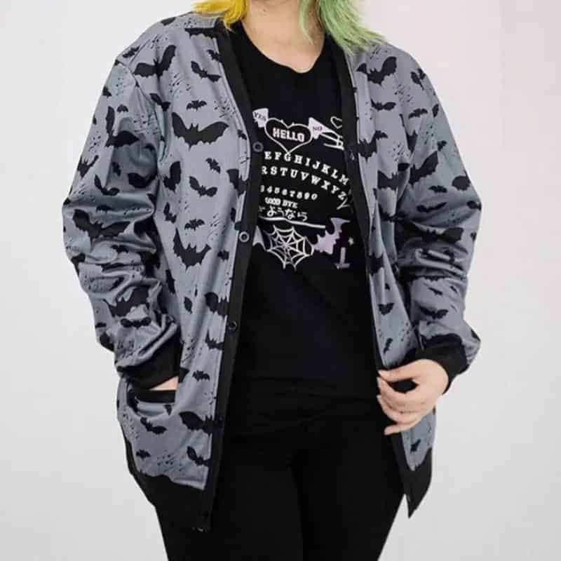 Gothic Black Bat Loose Zip-Up Cardigan