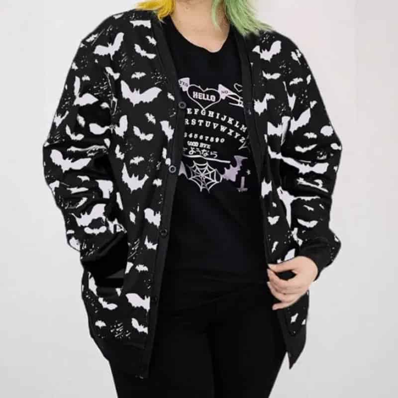 Gothic Black Bat Loose Zip-Up Cardigan